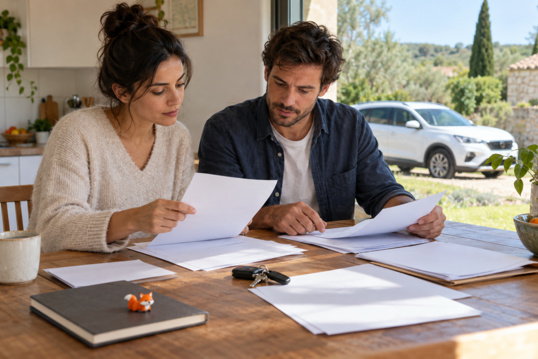 Deux personnes préparant des documents vierges et des clés de voiture, illustration d’assurance avec permis étranger