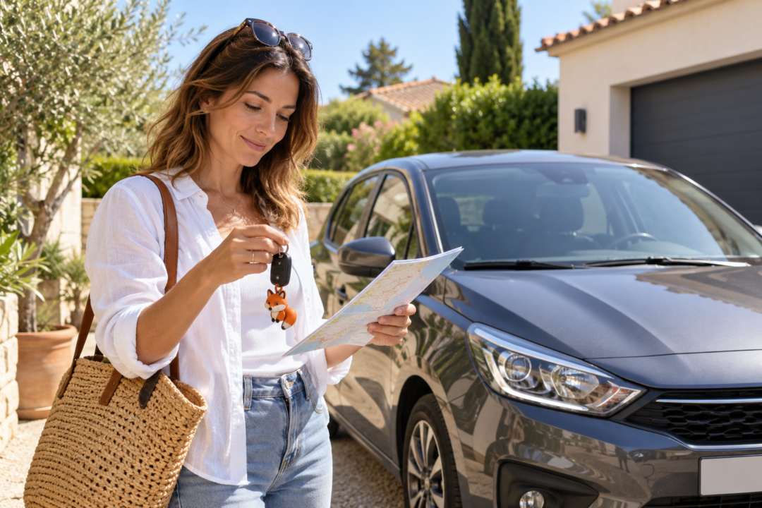 Conductrice préparant les clés et le trajet d’une voiture — illustration pour l’assurance auto provisoire à Baillargues