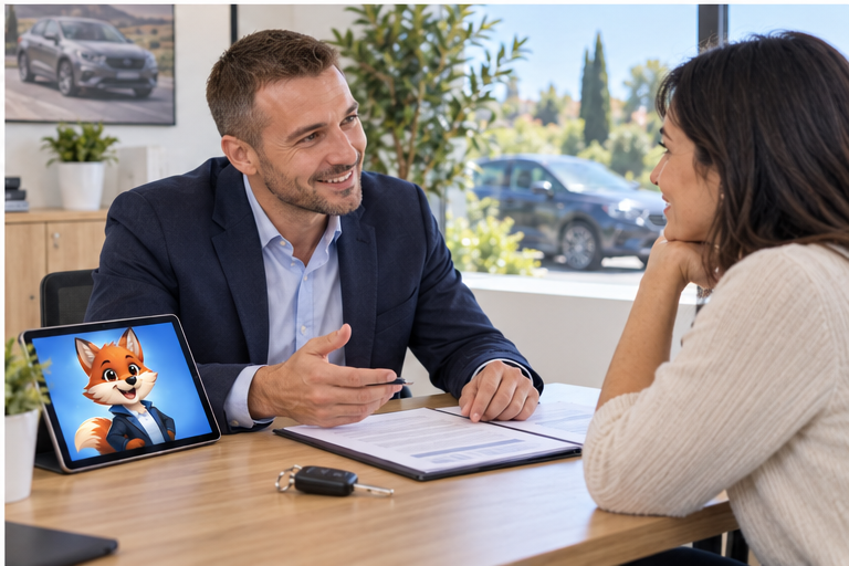 Courtier Izor accompagnant un conducteur pour assurance auto provisoire jacou, avec IZO visible sur tablette
