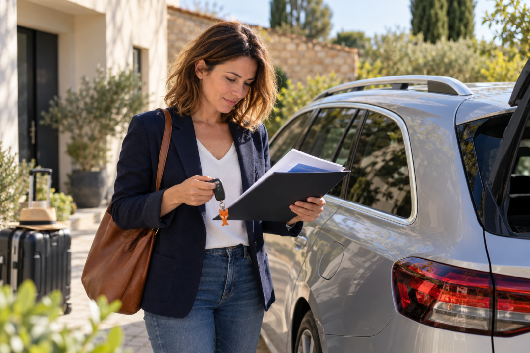 Conductrice examinant ses clés et son dossier près d’une voiture, illustration de l’assurance auto provisoire
