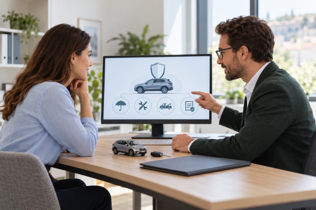 Un conseiller présente des garanties auto sur un écran à une conductrice, avec une voiture miniature, une clé et un dossier fermé sur le bureau.