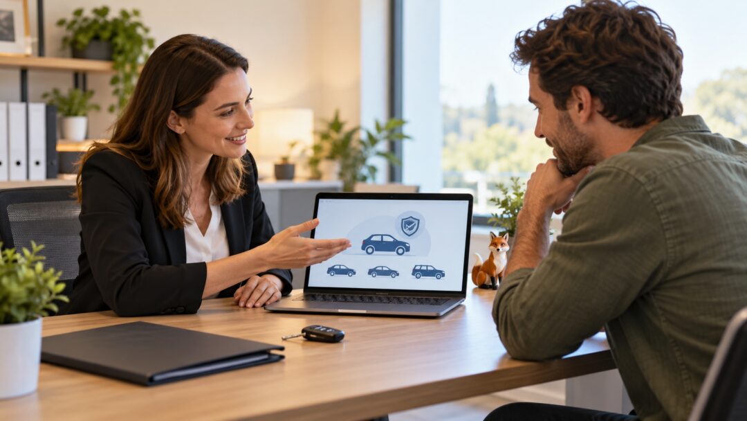 Une conseillère présente des garanties auto sur un ordinateur à un conducteur, avec une clé de voiture et un petit renard sur le bureau.