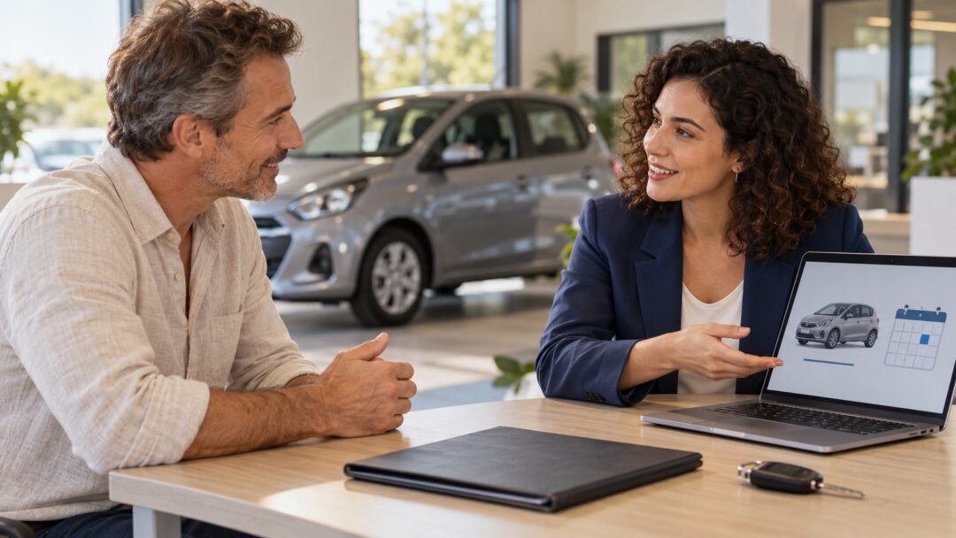 Une conseillère présente un calendrier et une voiture sur un ordinateur à un conducteur, avec une clé posée sur le bureau.