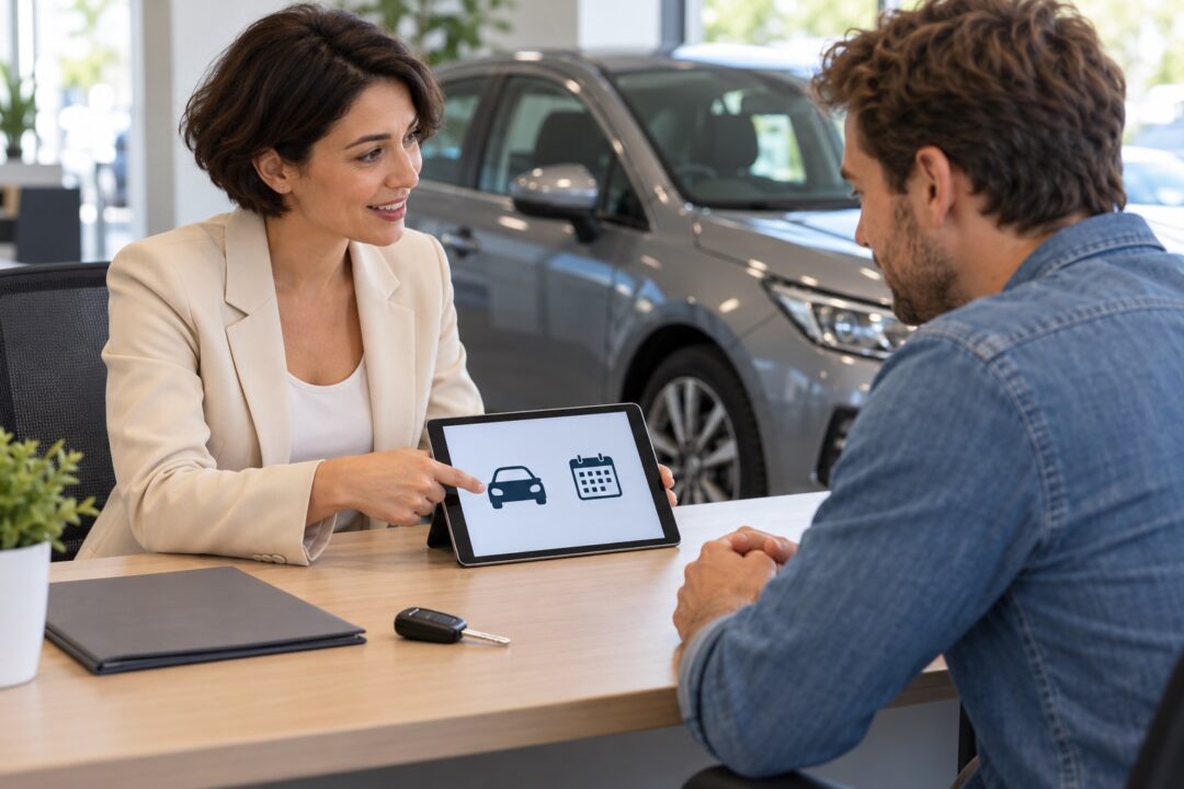 Une conseillère présente une voiture et un calendrier sur une tablette à un conducteur, près d’une voiture grise et d’une clé.