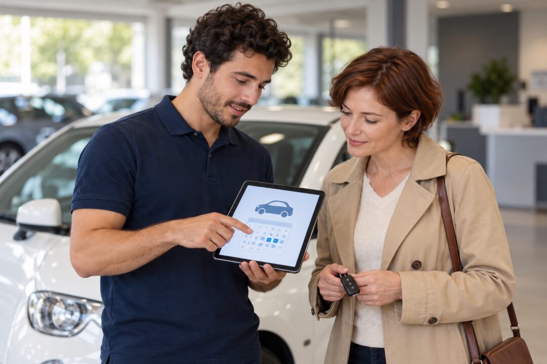 Un conseiller présente une voiture et un calendrier sur une tablette à une conductrice tenant une clé près d’un véhicule blanc.