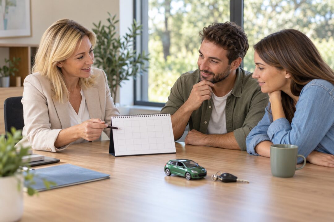 Une conseillère présente un calendrier à un couple près d’une voiture miniature, illustration de l’assurance provisoire.