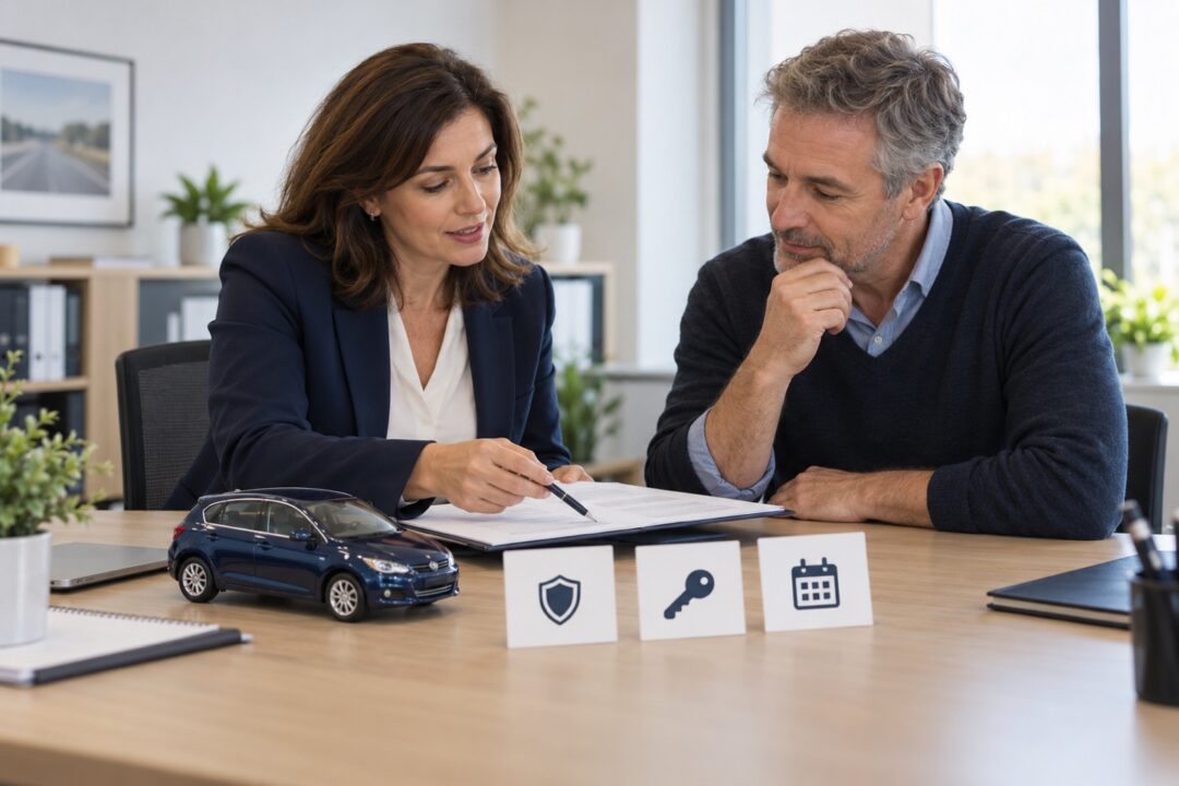 Une conseillère et un conducteur examinent un dossier automobile, illustration du conseil en assurance.