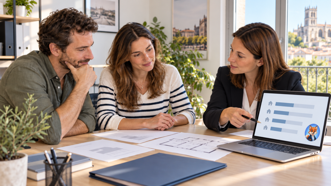 Couple et conseillère analysant un crédit immobilier avec IZO, agent virtuel Izor, visible sur écran
