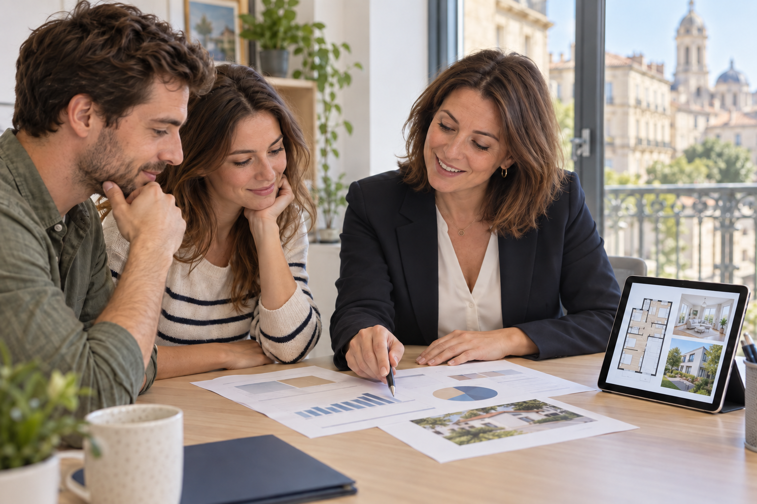 Un couple échange sur son projet immobilier autour de documents et de plans de logement