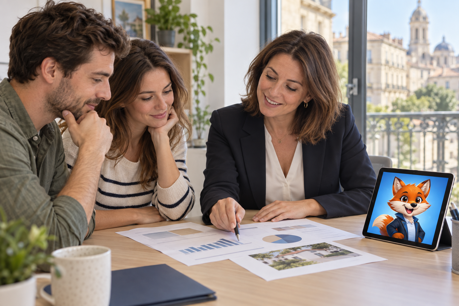 Conseillère en crédit immobilier accompagnant un couple, avec IZO sur une tablette