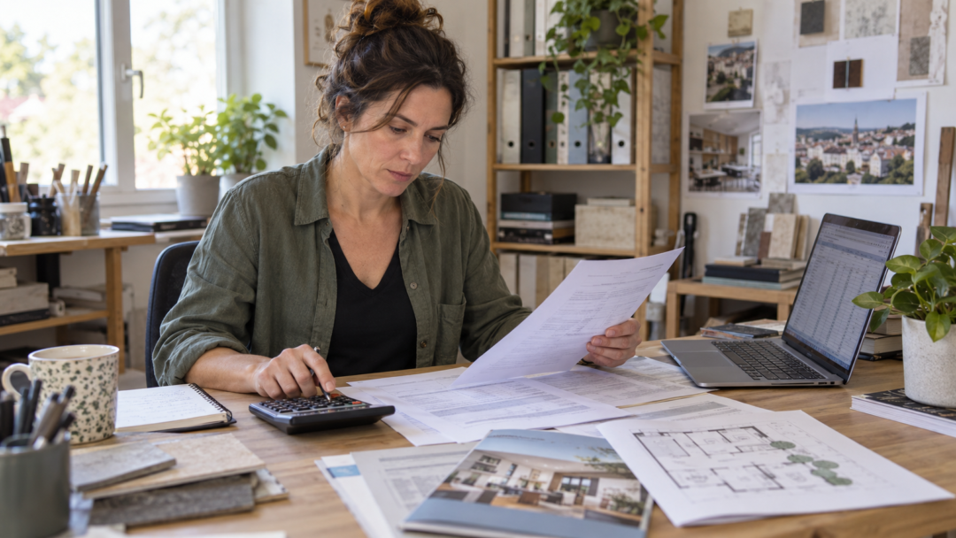 Entrepreneuse indépendante examinant ses comptes et ses documents pour un projet immobilier