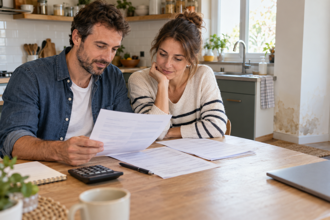 Couple vérifiant la franchise de son assurance habitation après un sinistre