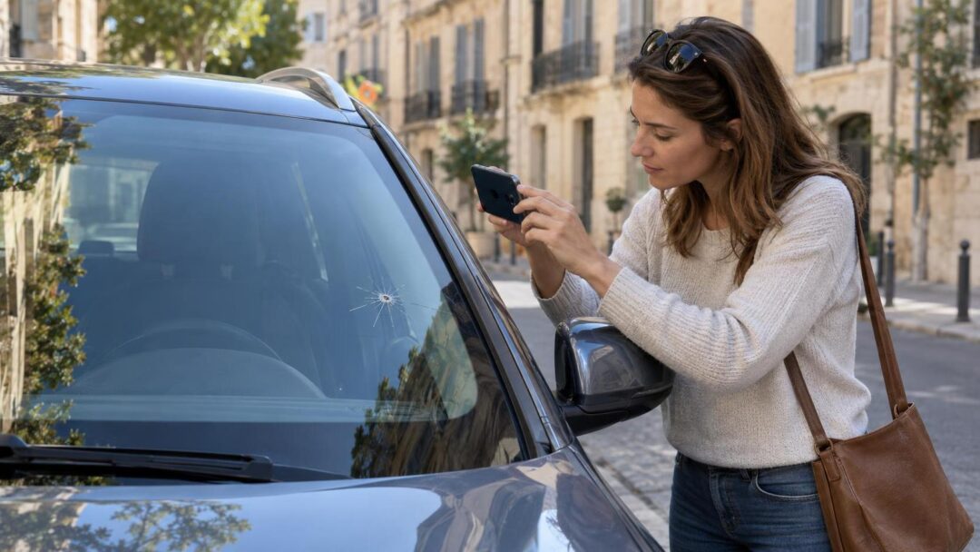 Conductrice photographiant une fissure sur son pare-brise avant sa déclaration d’assurance à Montpellier
