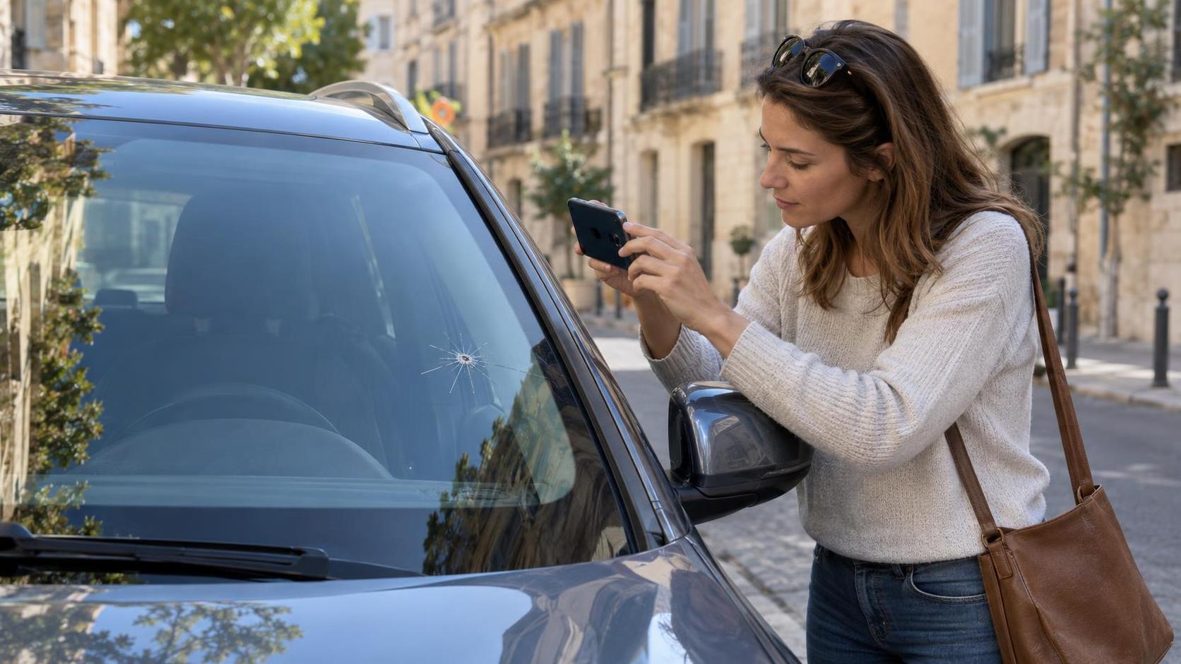 Conductrice photographiant une fissure sur son pare-brise avant sa déclaration d’assurance à Montpellier