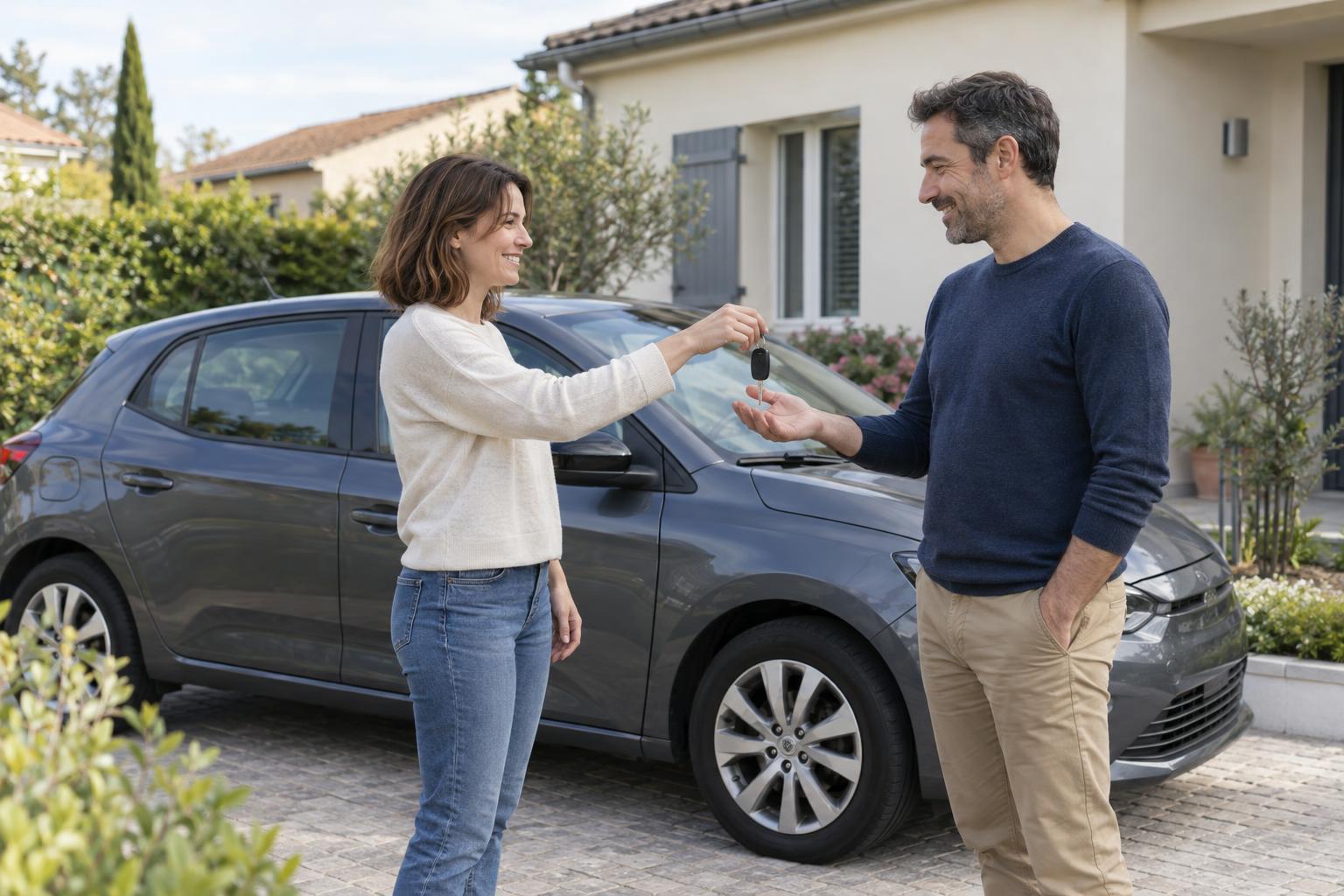 Une conductrice confie les clés de sa voiture à un proche devant son domicile