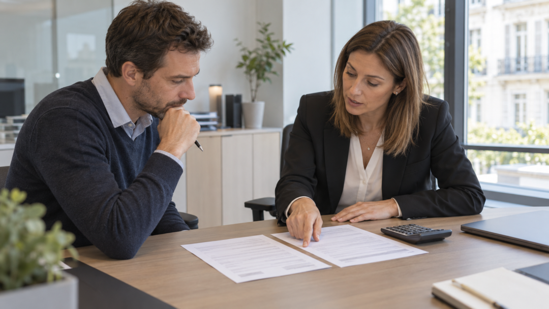 Deux personnes comparent des documents de prêt immobilier et une calculatrice pour comprendre le TAEG