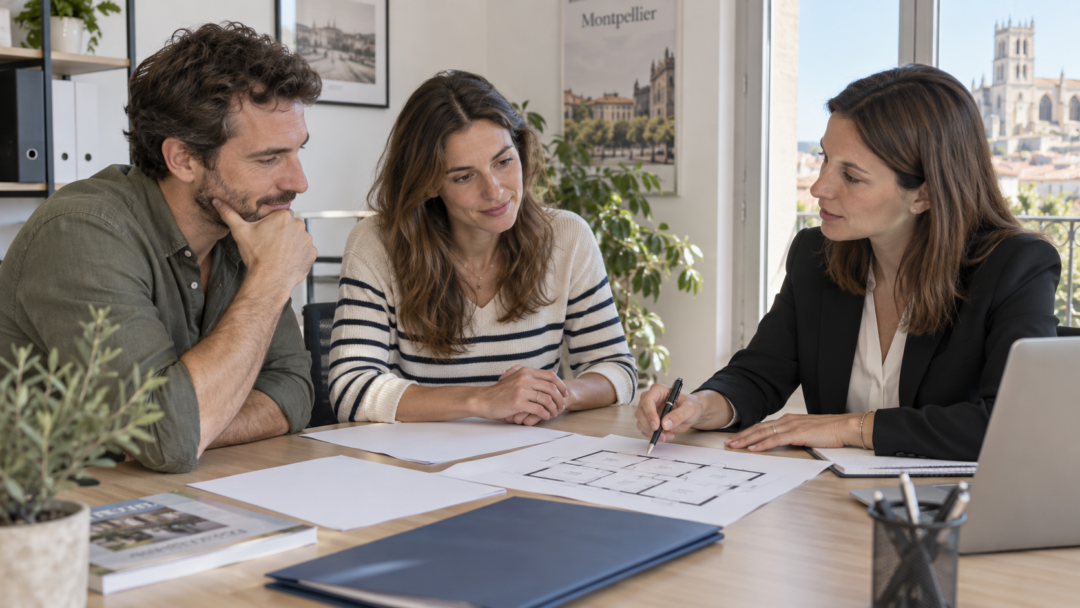 Couple examinant un dossier de financement immobilier à Montpellier