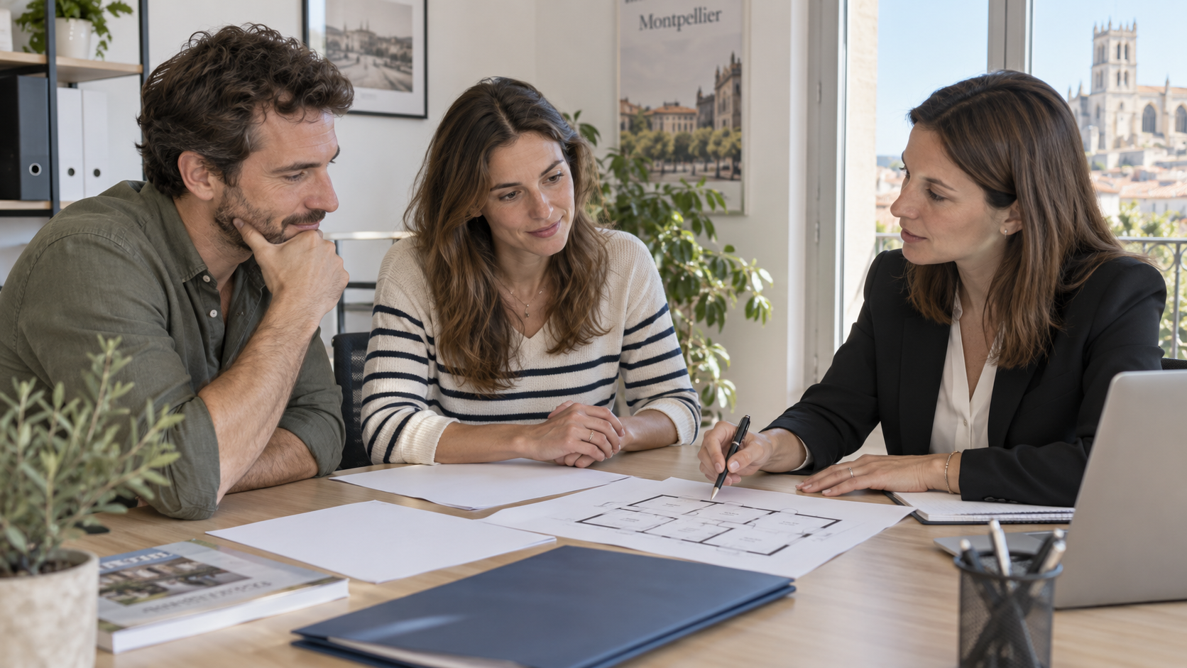 Couple examinant un dossier de financement immobilier à Montpellier