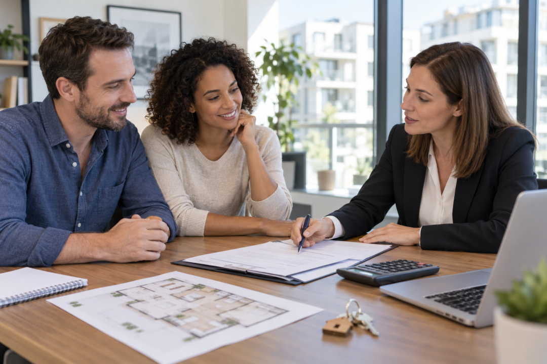 Couple préparant un dossier de financement immobilier avec une conseillère en France